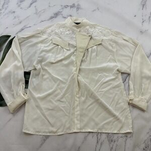 Suzelle Womens Vintage 90s Western Blouse Top Size 12 Cream Leather Trim Cowgirl